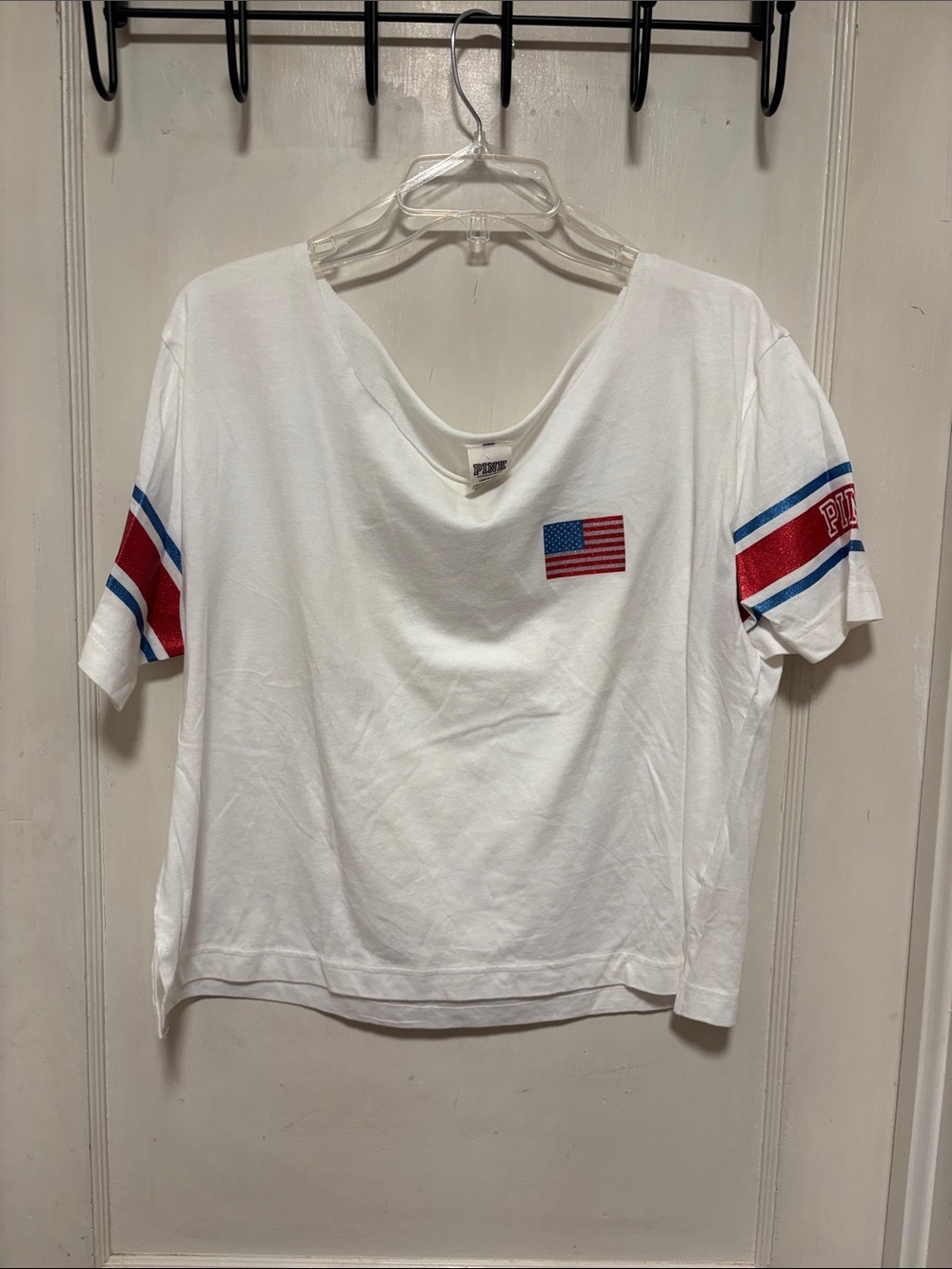 PINK Victoria's Secret White Short Sleeve Tee with Red & Blue Flag Detail Large